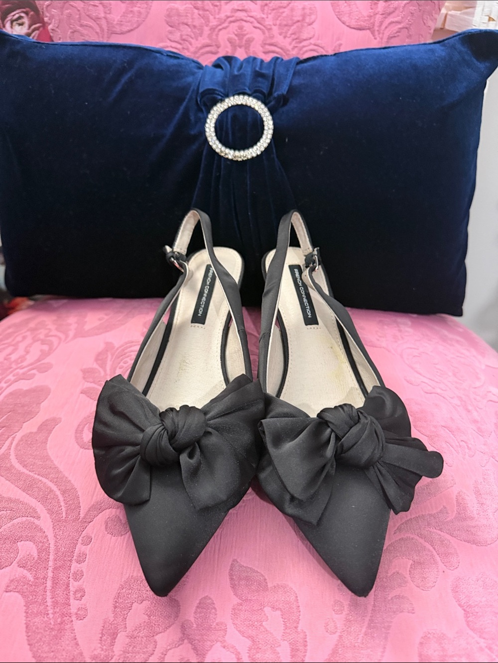 French Connection Black Pointed Slingback Flats with Knotted Bow